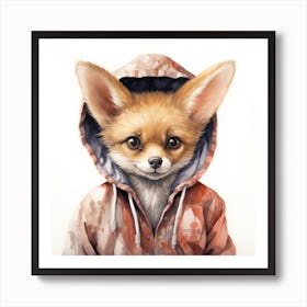 Watercolour Cartoon Fennec Fox In A Hoodie 1 Art Print