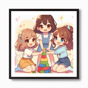Three Cute Girls Playing With Blocks Art Print