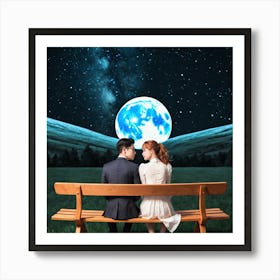 Couple Sitting On A Bench Under The Moon 5 Art Print