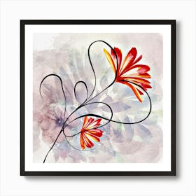 Watercolor Flowers, Line Art Drawing Art Print