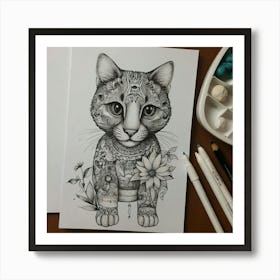 Cat With Flowers Art Print