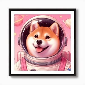 A Cute Happy Shiba Inu Astronaut On A Pink Background, Digital Art Art Print