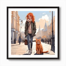 Girl With Cat Art Print