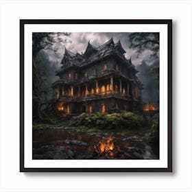 An Abandoned Large Palace In The Midst Of A Dark Forest With Eerie Rainy Weather And The Predomin (4) Art Print