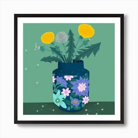 Dandelion Flowers In A Blue Decorated Vase Art Print