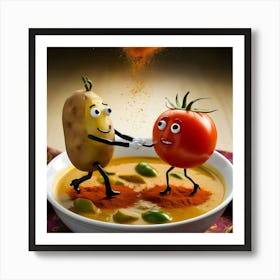 Whimsical Scene Featuring A Potato With A Man Like And A Tomato With A Woman Like Art Print