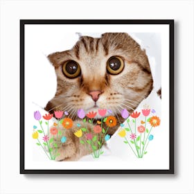 cute cat with flowers 1 Art Print