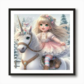 Little Girl Riding A Unicorn Art Print