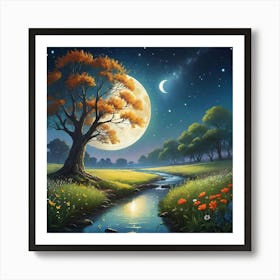 Moonlight Over A Stream 1 Art Print