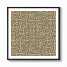 CIRCUITS Retro 1970s Mid Century Abstract Geometric Groovy Polka Dot in Vintage Powder Blue and Beige on Neutral Sand Brown Art Print