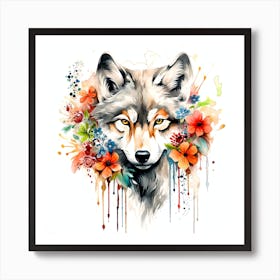 Wolf Head With Flowers Art Print