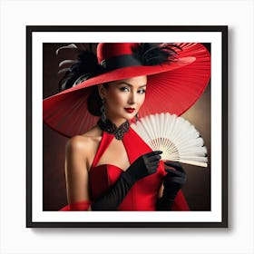 Asian Woman In Red Dress With Fan Art Print