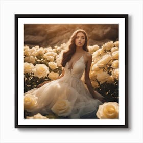 Tyndall Effect, A Beautiful Women Lies Underwater In Front Of Pale Yellow Roses ,Sunbeams In The Sty (1) Art Print