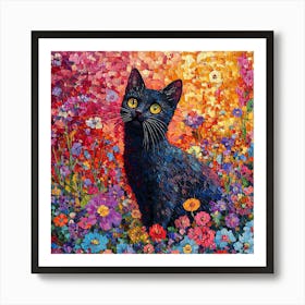 Black Cat In Flowers 2 Art Print