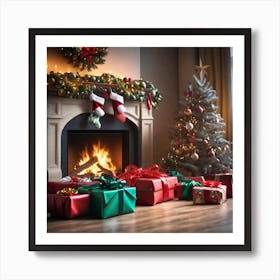 Christmas Presents In Front Of Fireplace 14 Art Print