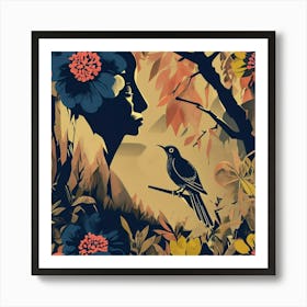 Retro Pop Inspired Floral Pattern With Navy Bird And Branches Art Print