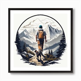 Hiker With Dog, man hiking with dog a trail through the Vintage mountains Art Print