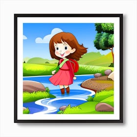 Girl Crossing The River Illustration 1 Art Print