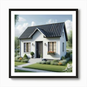 A Small Modern House With a Black Roof and White Walls Sits in a Green Field Surrounded by Trees and Flowers Under a Blue Sky With White Clouds Art Print