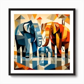 A Cubist Depiction Of A Family Of Elephants Gathered Art Print