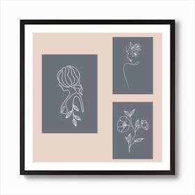 abstract beauty floral woman and flower line drawing wall art poster Art Print