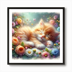 Kitten Sleeping In Flowers Art Print