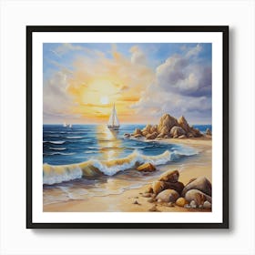 Oil painting design on canvas. Sandy beach rocks. Waves. Sailboat. Seagulls. The sun before sunset.30 Art Print