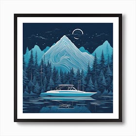 Boat On The Lake At Night Art Print