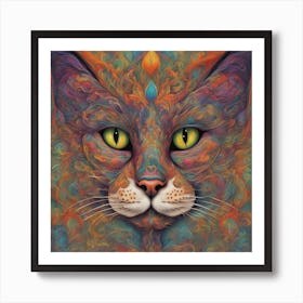 A Psychedelic Representation Of A Cat S Face, With Vibrant Colors And Intricate Patterns Art Print