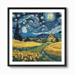 Night Sky With Clouds, With Van Gogh S Starry Night Drawing Style Art Print