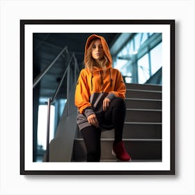 Girl In Orange Hoodie Art Print