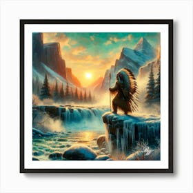 Native American Indian By Waterfall Copy 1 Art Print