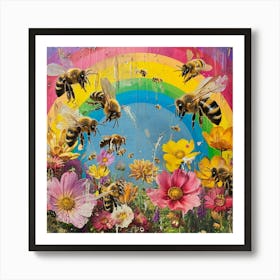 Rainbow Floral Bee Collage 2 Art Print