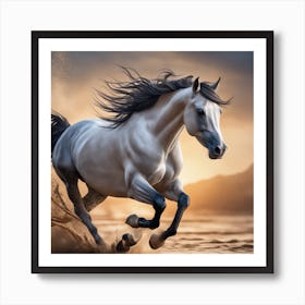 White Horse Running At Sunset Art Print