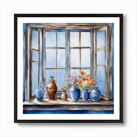 Blue wall. Open window. From inside an old-style room. Silver in the middle. There are several small pottery jars next to the window. There are flowers in the jars Spring oil colors. Wall painting.60 Art Print