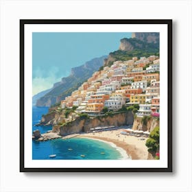 Positano, Amalfi Coast, Italy - Retro Landscape Beach and Coastal Theme Travel Poster Art Print Art Print