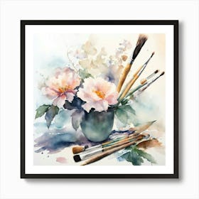 Watercolor Of Flowers And Brushes Art Print