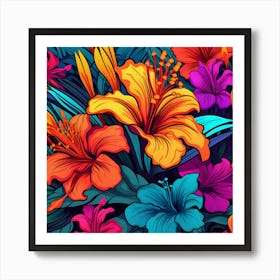 Hibiscus Flowers Colorful Vibrant Tropical Garden Bright Saturated Nature Art Print