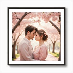 A tender portrait of a couple sharing a loving gaze under a canopy of cherry blossoms Art Print