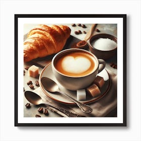 Cup Of Coffee With Croissant And Sugar Art Print