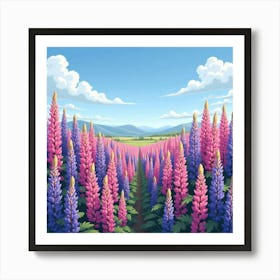 A Picturesque Scene Of A Field Of Pink And Purple Lupines Under A Blue Sky Art Print