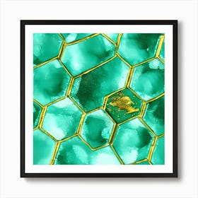 Emerald Hexagon Shabby Gold And Asian Painted Mixed Art Print