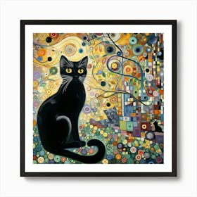 Black Cat In A Garden, Klimt Style 2 Art Print