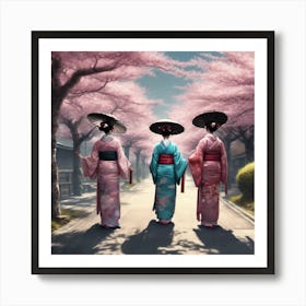 Three Geisha Women In Kimono Art Print