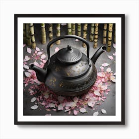 Firefly A Minimalistic Modern Rustic Beautiful Japanese Cast Iron Teapot, Illustration, A Few Sakura (7) Art Print