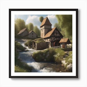 Village By A Stream Art Print