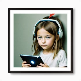 Little Girl With Headphones And Tablet Art Print