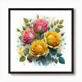 The roses blue and rose yellow oil abstract painting art 3 Art Print