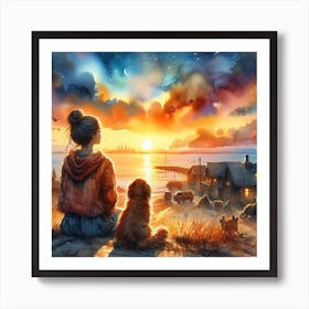 A girl watching a Sunset With her Dog Art Print