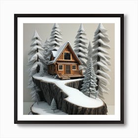 Small wooden hut inside a dense forest of pine trees with falling snow 2 Art Print